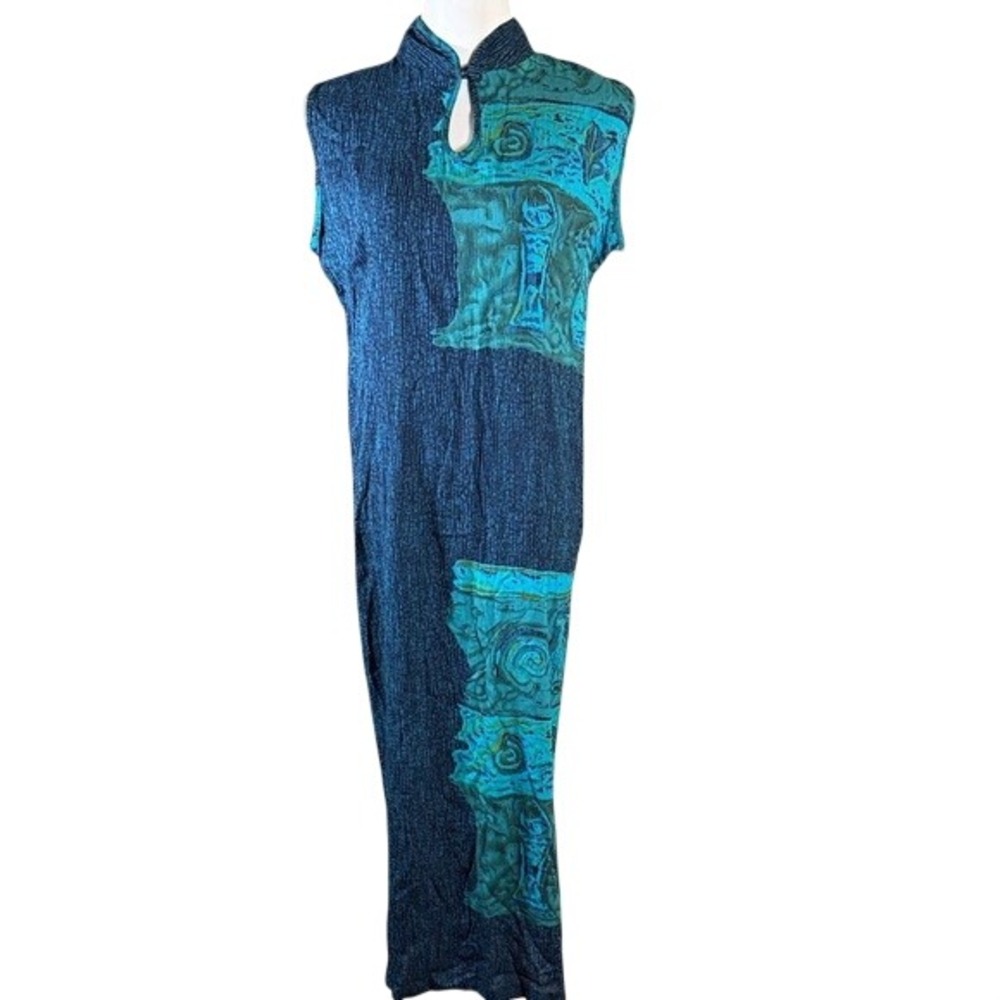 Hilo Hattie Island Collections Blue Teal Rayon Batik Maxi Dress Womens Small NEW